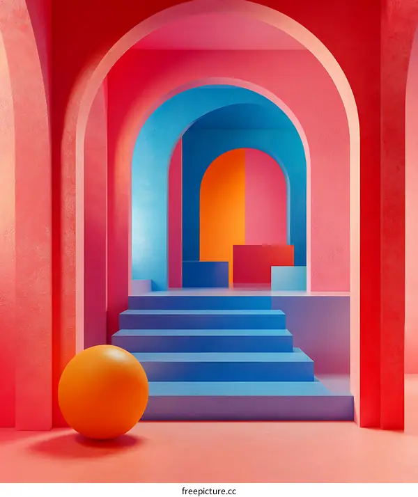 Abstract Colorful Archway With Stairs And Sphere