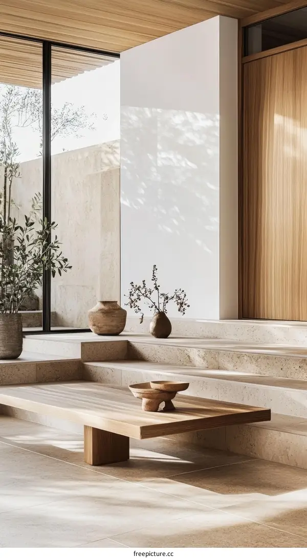 Modern Minimalist Wooden Coffee Table in a Light Beige Interior