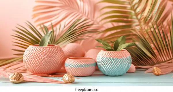 Pink and Blue Ceramic Pots with Tropical Leaves