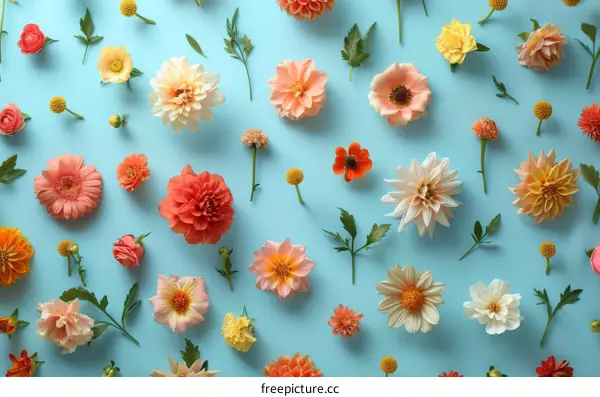 A variety of flowers arranged on a blue background