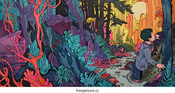 Surreal Illustration of Boy in a Colorful Forest