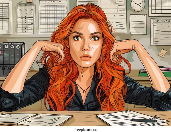 redhead woman in black shirt holding her head