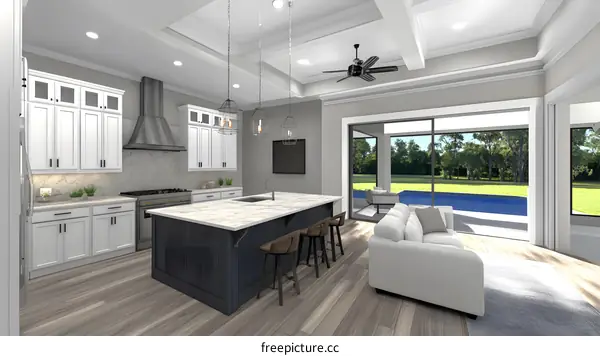 Modern Kitchen Interior Design With Island and Pool View