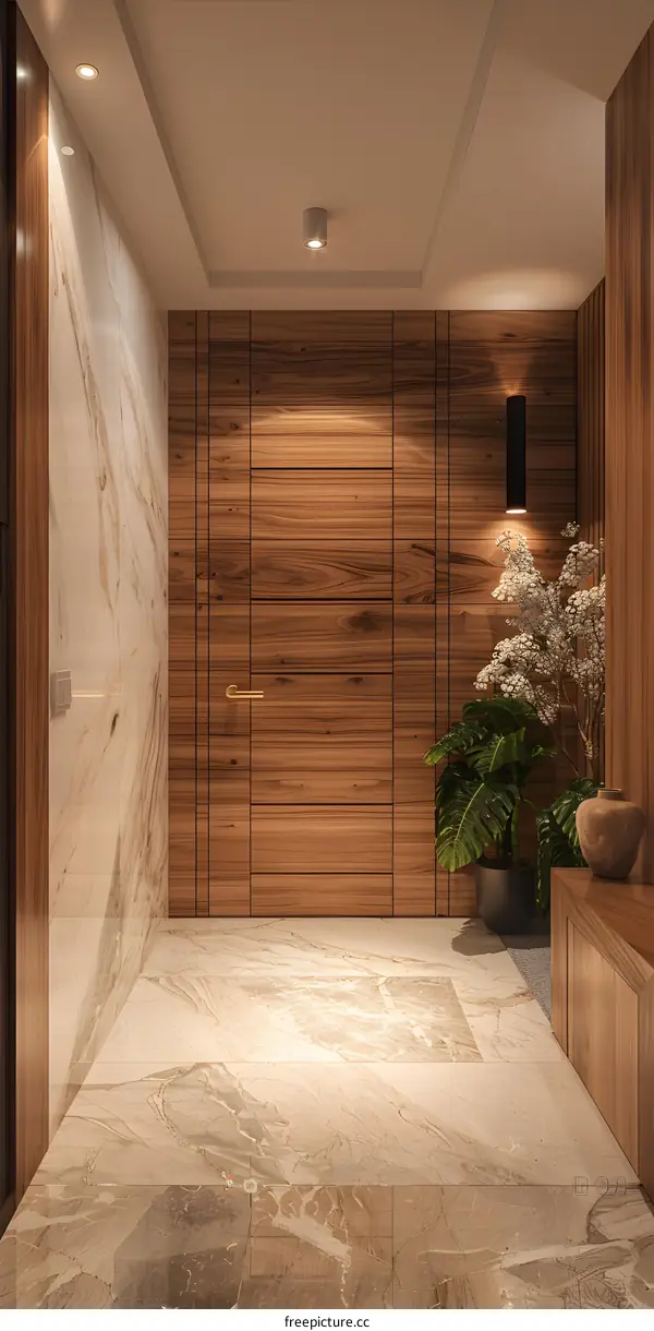 3D rendering of a modern house interior with wooden wall panels and marble floor tiles