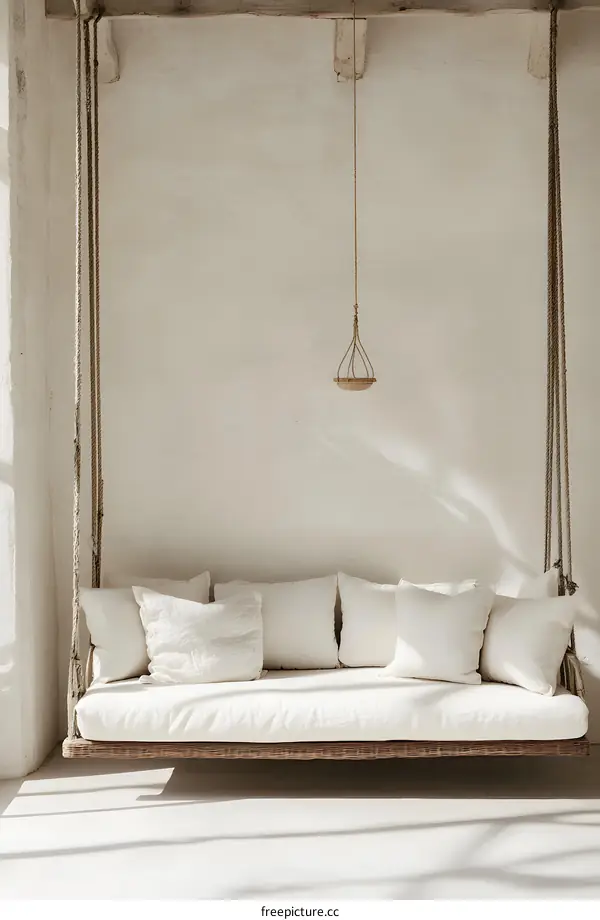 White Hanging Bed with Cushions in Minimalist Interior