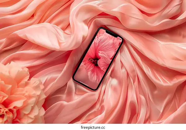 Pink Flower On Phone Screen With Silk Fabric Background