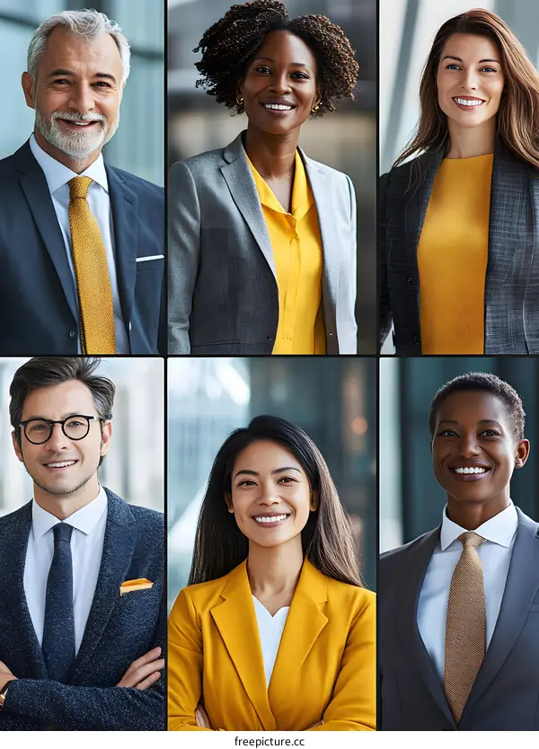Diverse Group of Business Professionals in Suits with Yellow Ties and Shirts
