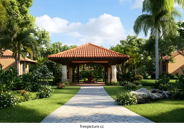 Tropical Garden With Gazebo and Stone Pathway
