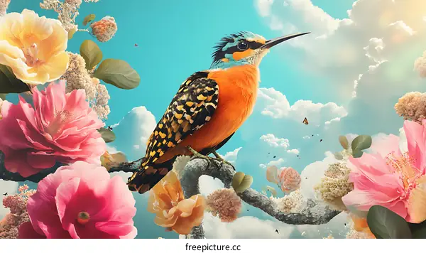 Colorful Bird on Branch Surrounded by Flowers and Clouds