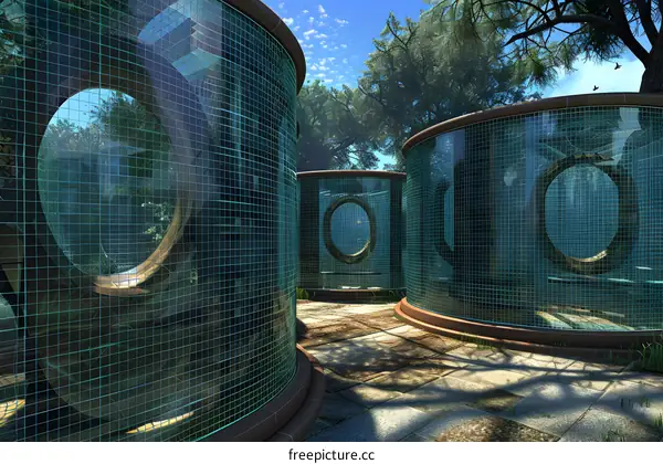 Green Glass Circular Structures in a Garden