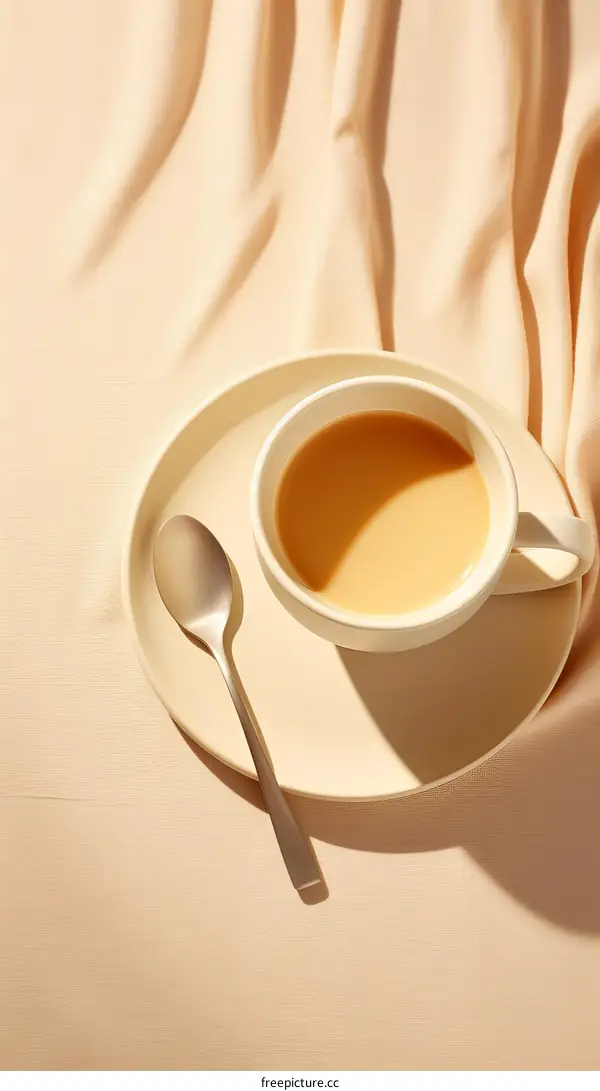 An image of a cup of tea on a saucer with a spoon