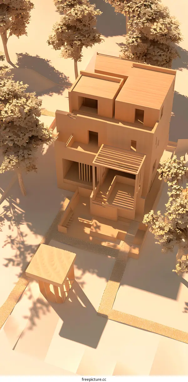 Minimalist Beige House with Trees and Gardens