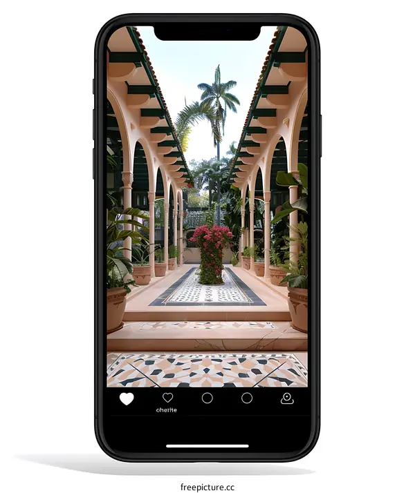 Phone Screen Displaying a Tropical Courtyard with Arched Walkways