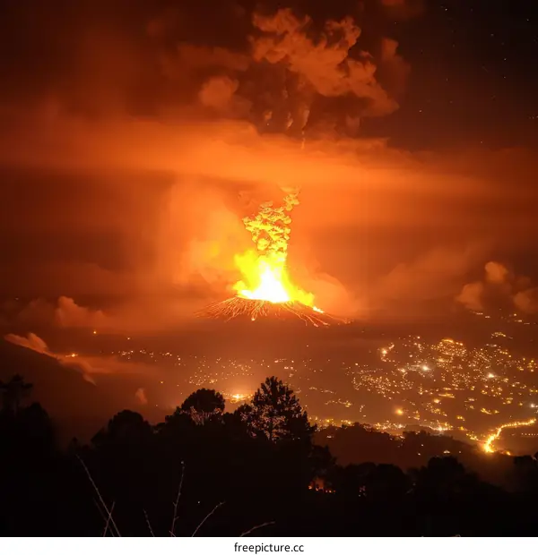 Volcanic Eruption at Night: Lava Flowing Down Mountainside