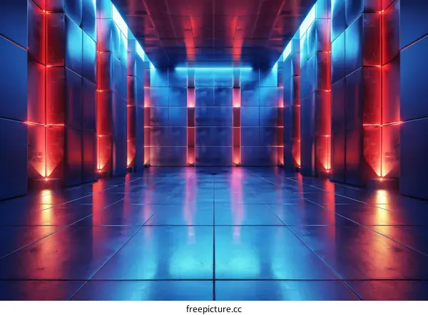 Bright blue and red futuristic room with neon lights