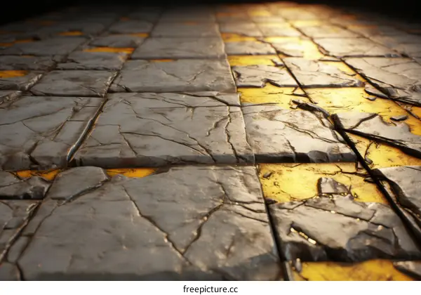 Cracked and Weathered Stone Tiles with Yellow Goo