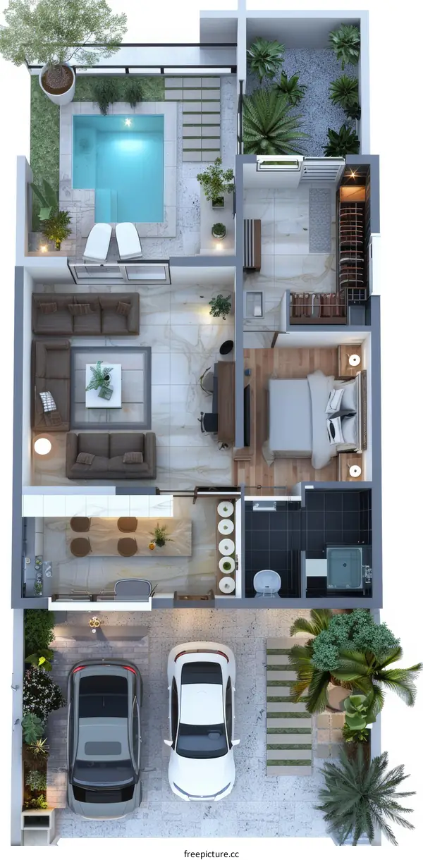 Modern house plan with pool