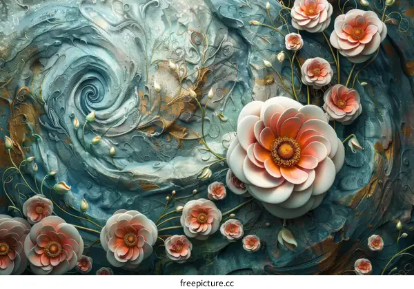 Pink and White Flowers on Blue Green Background