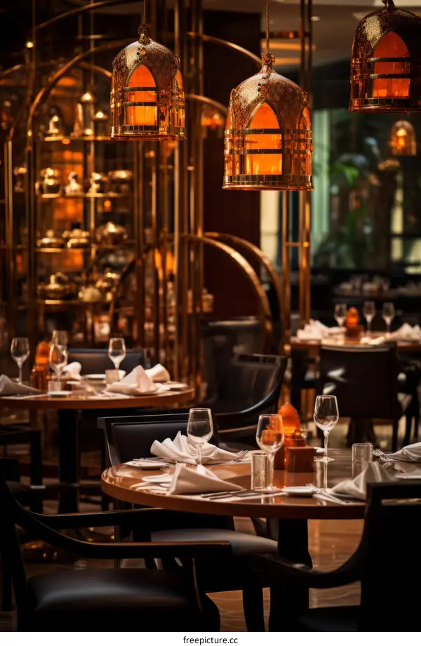 Upscale Restaurant Interior with Round Tables and Chairs