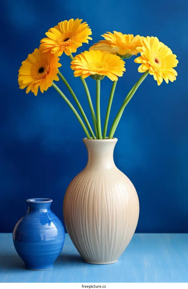 Vibrant Yellow Gerbera Flowers in a Blue Vase