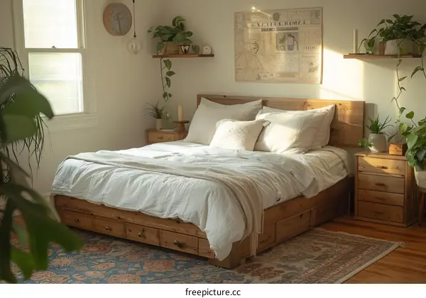 A cozy bedroom with a wooden bed frame, white bedding, and lots of plants