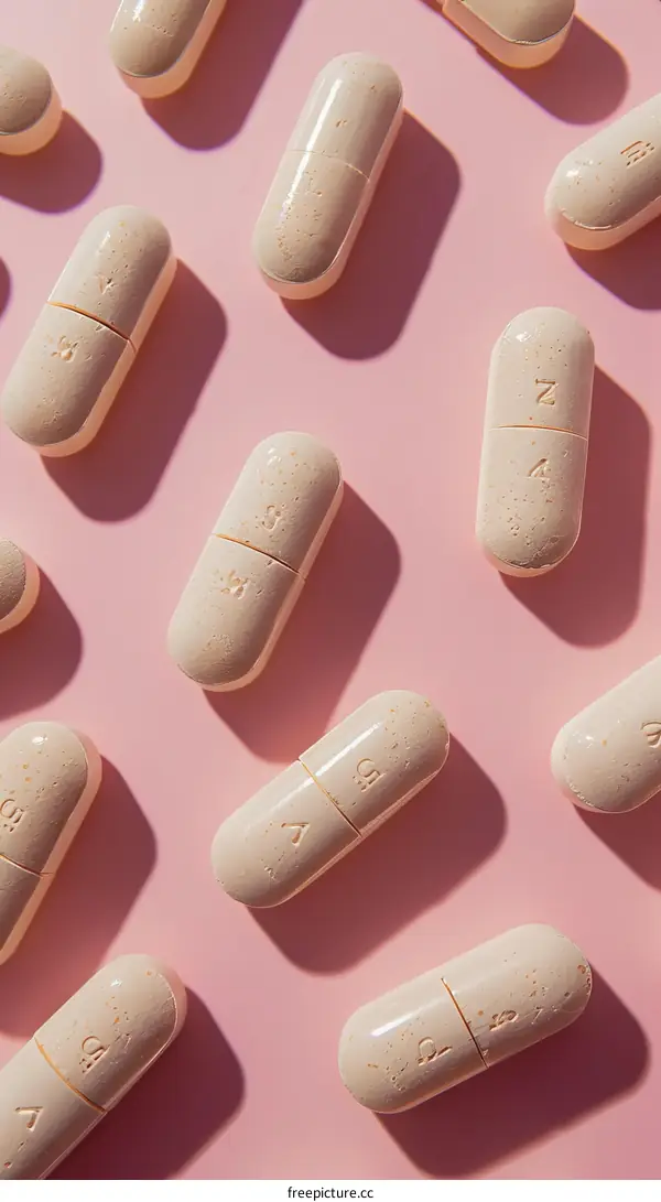 Close-up image of several light pink pills on a pink background