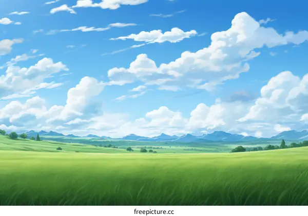 Expansive Green Field and Serene Blue Sky with White Clouds