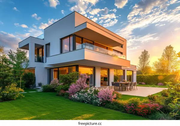 Modern house with beautiful garden and sunset