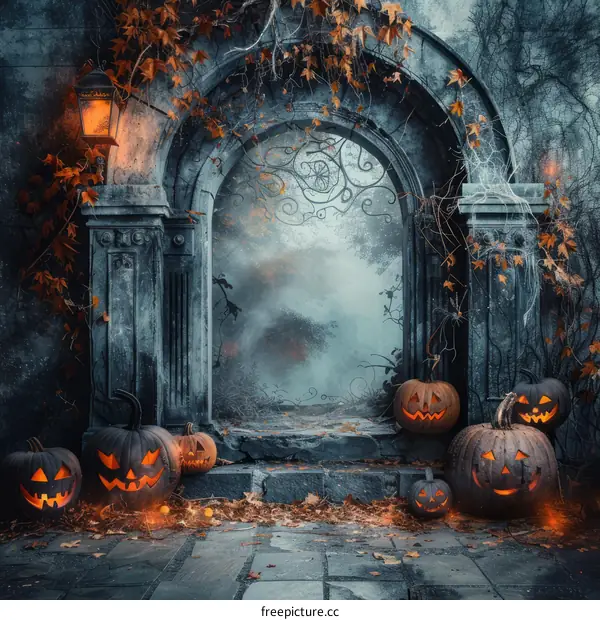 Spooky Halloween Archway with Carved Pumpkins