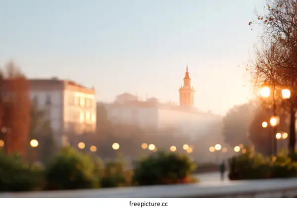 Misty Morning Cityscape with Buildings and Trees