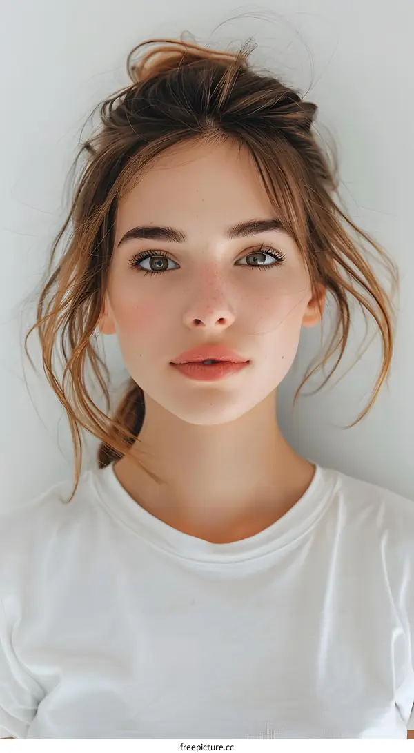 portrait of a young woman with freckles and brown hair