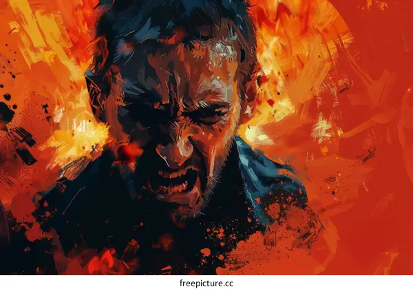 Portrait of a man screaming in agony with an orange background