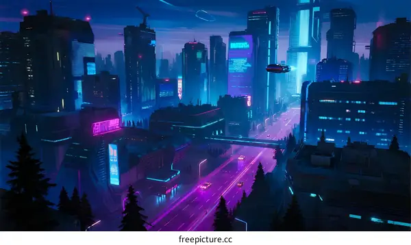 Futuristic Cyberpunk Cityscape with Glowing Neon Lights and High-rise Buildings