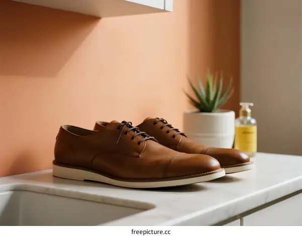 Brown leather lace-up dress shoes on bathroom counter