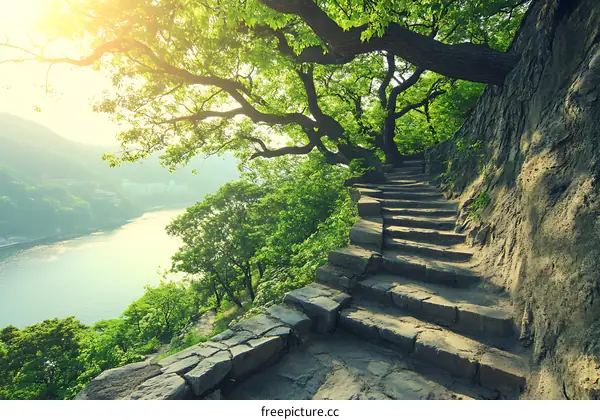 Stone Steps Leading Up to a Lush Green Forest with a View of a River
