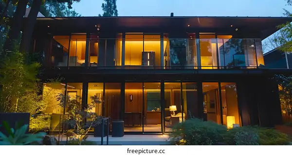 Modern Home with Glass Walls and Warm Lighting at Night
