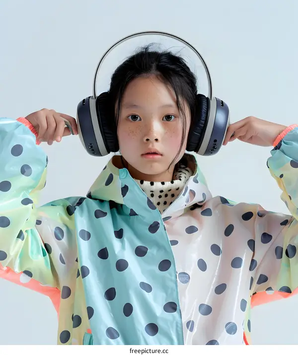 Young Asian Girl Wearing Polka Dot Jacket And Headphones
