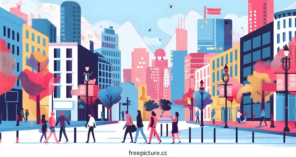 Cityscape Illustration with People Walking on a Street