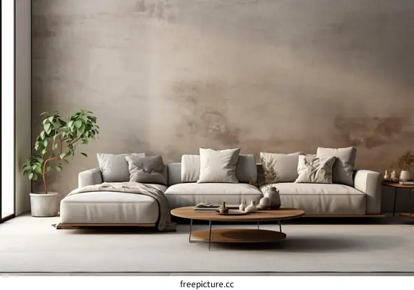 Modern minimalist living room interior with white sofa and coffee table