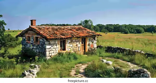 A small stone house in the middle of a vast grassland