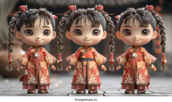 Three cute cartoon Chinese girls in traditional Hanfu clothes