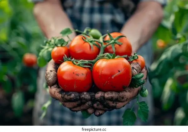 A farmer holding a handful of ripe tomatoes
