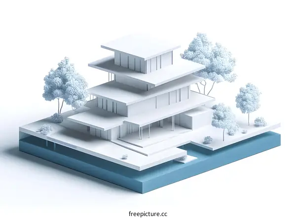 Minimalist 3D Model of a Modern House with Trees