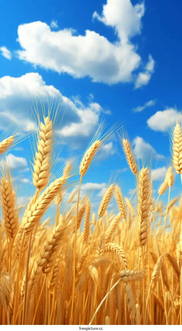 A field of golden wheat under a blue sky with white clouds