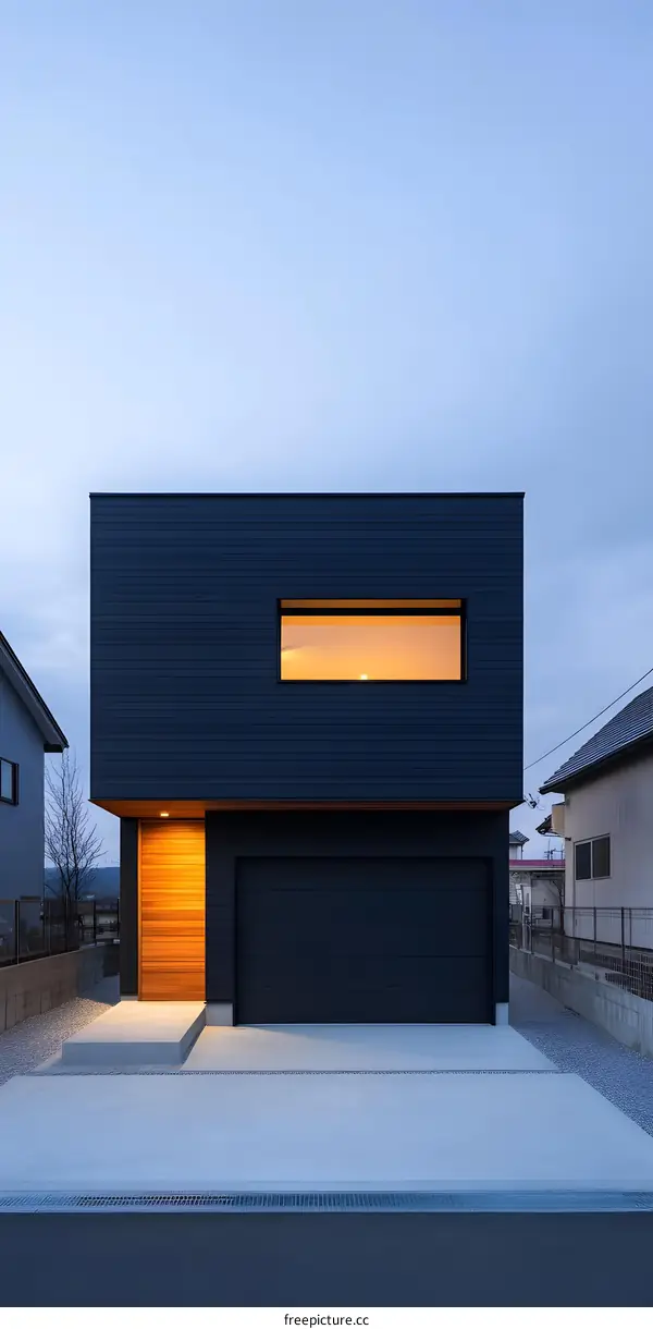 Modern House with Dark Siding and Wooden Door at Dusk