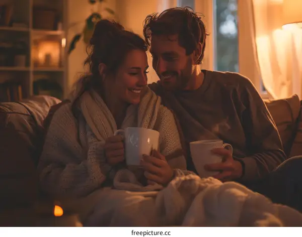 A couple is sitting on a couch and drinking from mugs.
