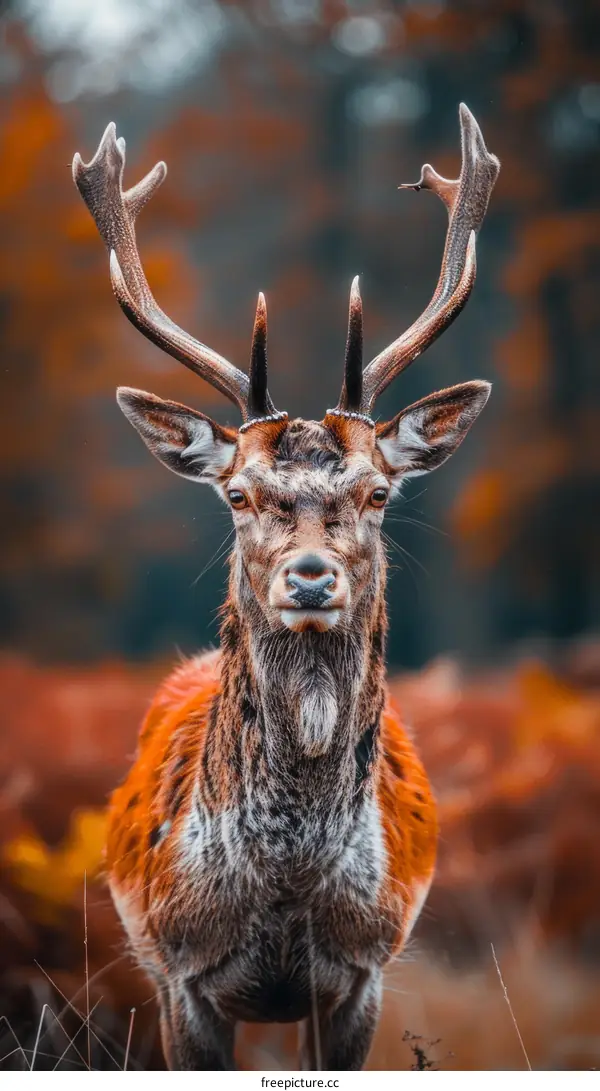 A majestic red deer stag stands tall in the forest