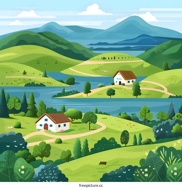 Scenic Mountain Landscape with Houses and Winding River