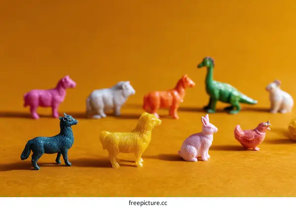 Colorful Animal Figurines on a Mustard Background