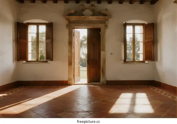 Bright and empty room with wooden door and two windows